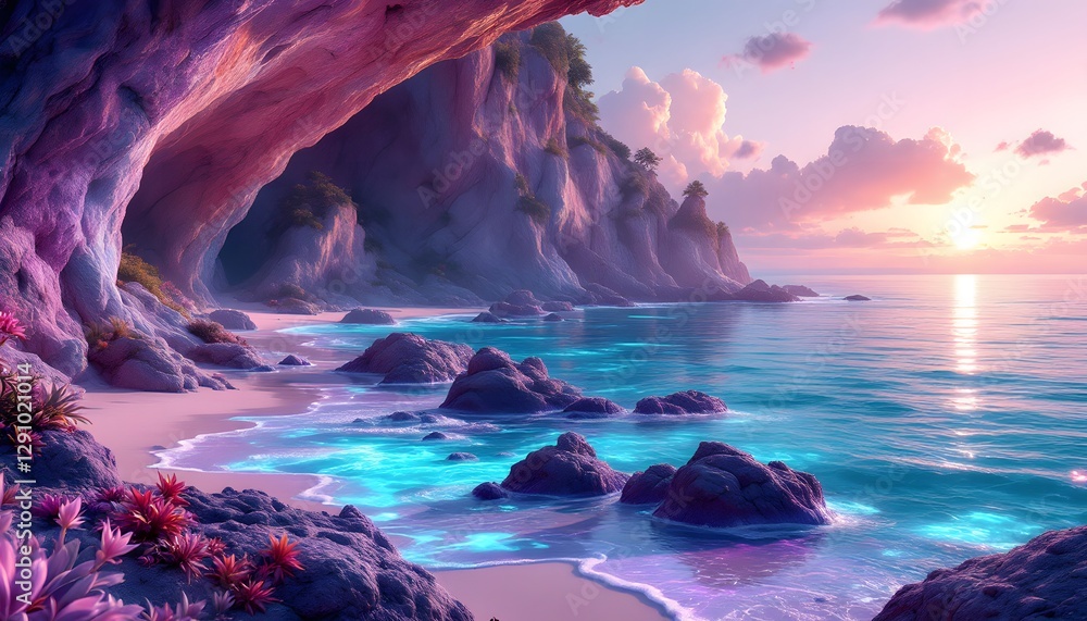 Fototapeta premium Serene Beach Cave Sunset Landscape with Purple Hues