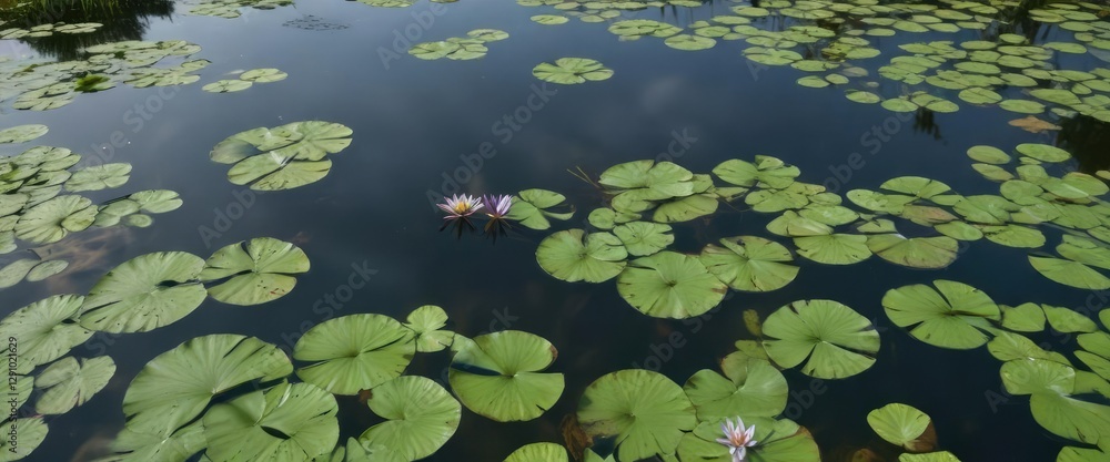 Drone flying over serene lake with lush green lily pads, drone over pond, aquatic life Drone flying over serene lake with lush green lily pads, drone over pond, aquatic life