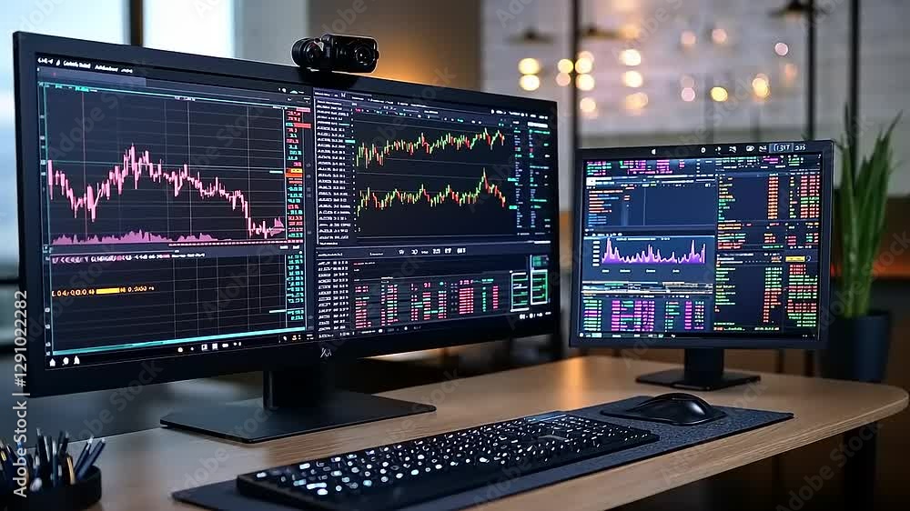 Dual monitors displaying financial data and charts in a modern workspace. Dual monitors displaying financial data and charts in a modern workspace.