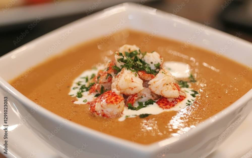 Rich Lobster Bisque with a Drizzle of Cream in a white dish Rich Lobster Bisque with a Drizzle of Cream in a white dish