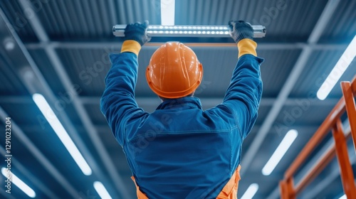 Industrial worker installs LED lighting in factory