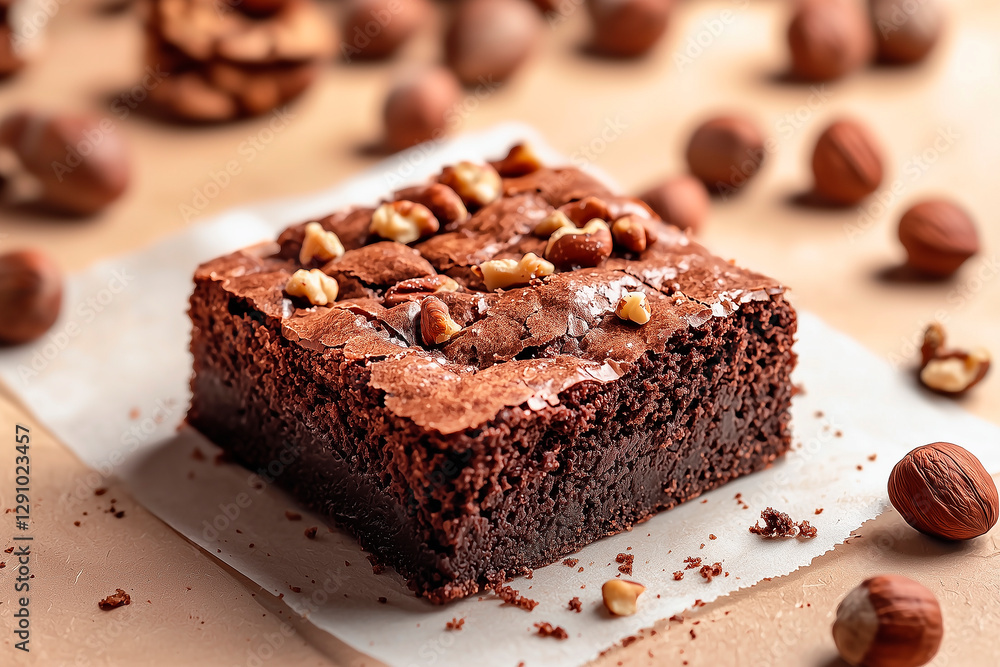 a hazelnut brownie, indoor studio photoshoot, strobe lights, harsh shadow, photorealistic details, clean decoration, clean background, pastel color backdrop