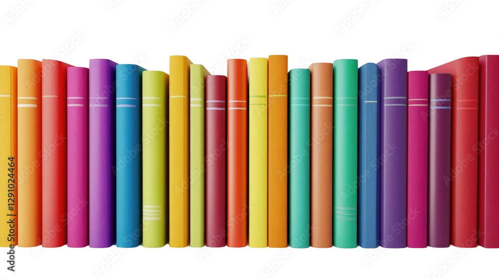 Fototapeta premium Colorful collection of bound books arranged on a shelf showcasing various vibrant spine colors in a library setting,cut out 