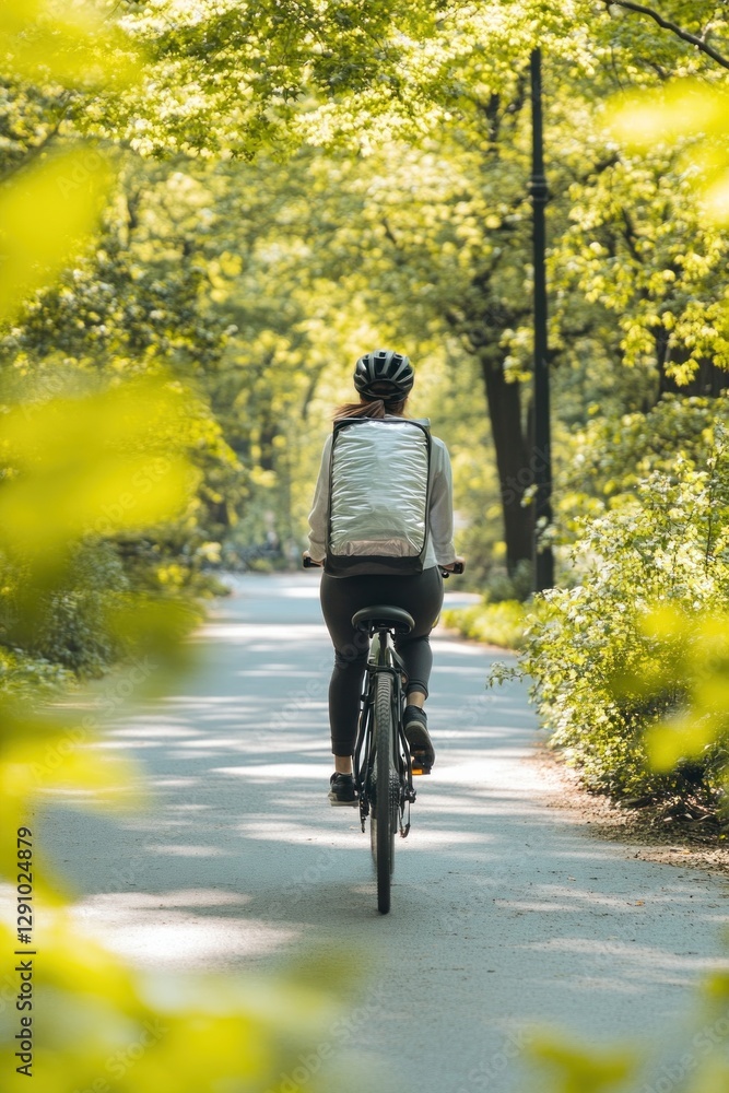 Obraz premium Courier carrying thermal backpack riding bicycle in city park