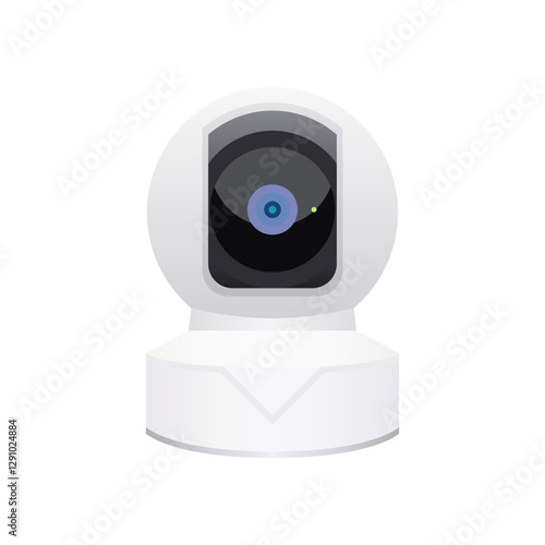 Indoor Smart Security Camera for Home, Vector illustration in flat 3d realistic graphic style. Dog Camera with feature Pan and Tilt, 1080p HD, Night Vision, and Motion Detection, for Baby and Pet Moni