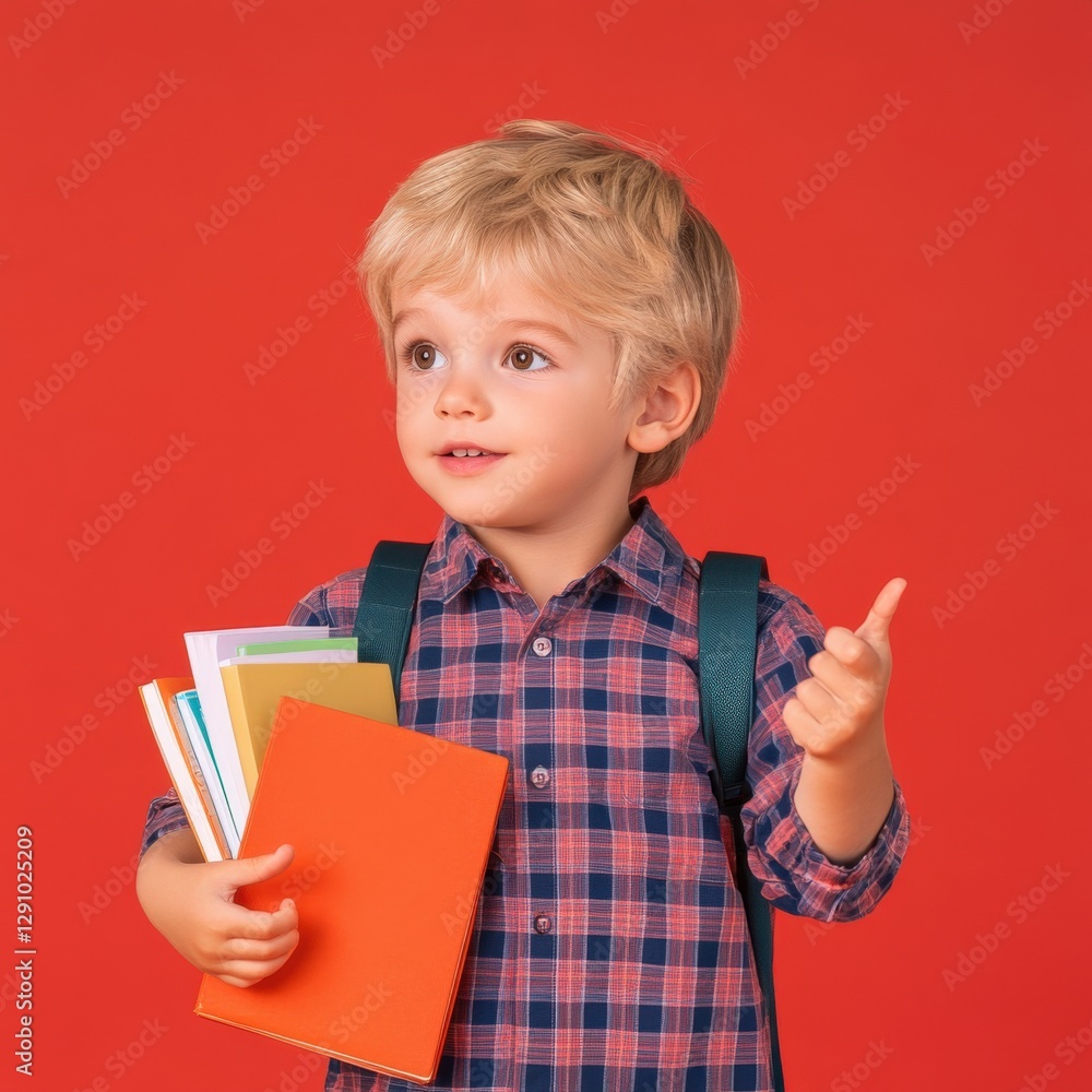 boy with backpack and books against a red background boy with backpack and books against a red background