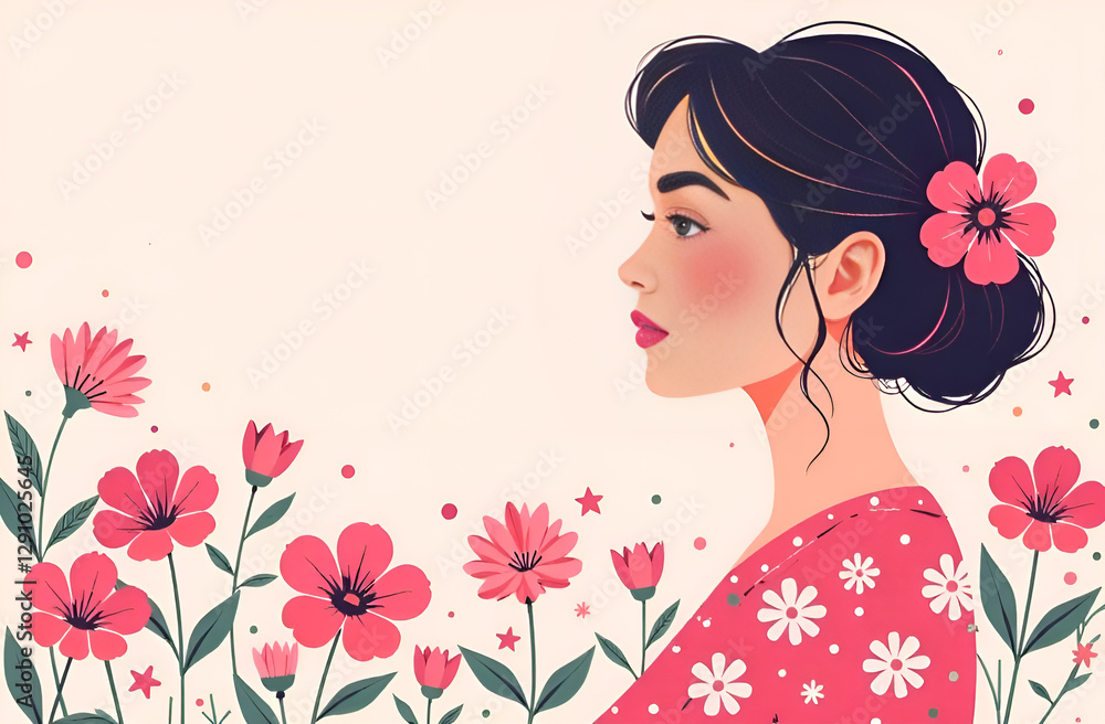 Fototapeta premium March 8th greeting card template with an attractive woman, illustration. Women's Day, banner, a flyer, a beautiful postcard for March 8th.