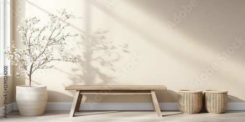 Wallpaper Mural Natural light filters through a window, illuminating a minimalist room featuring a wooden bench, woven baskets, and a flowering branch in a textured pot Torontodigital.ca
