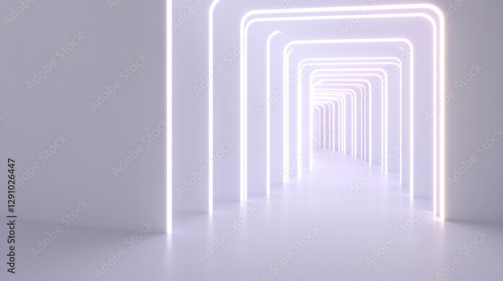 Fototapeta premium Minimalist corridor illuminated by glowing arches, creating sere
