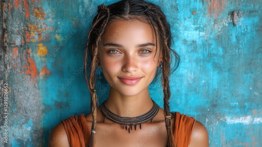 This portrait features a young woman with braided hair and a friendly smile. She stands in front of a textured blue wall, highlighting her natural beauty This portrait features a young woman with braided hair and a friendly smile. She stands in front of a textured blue wall, highlighting her natural beauty
