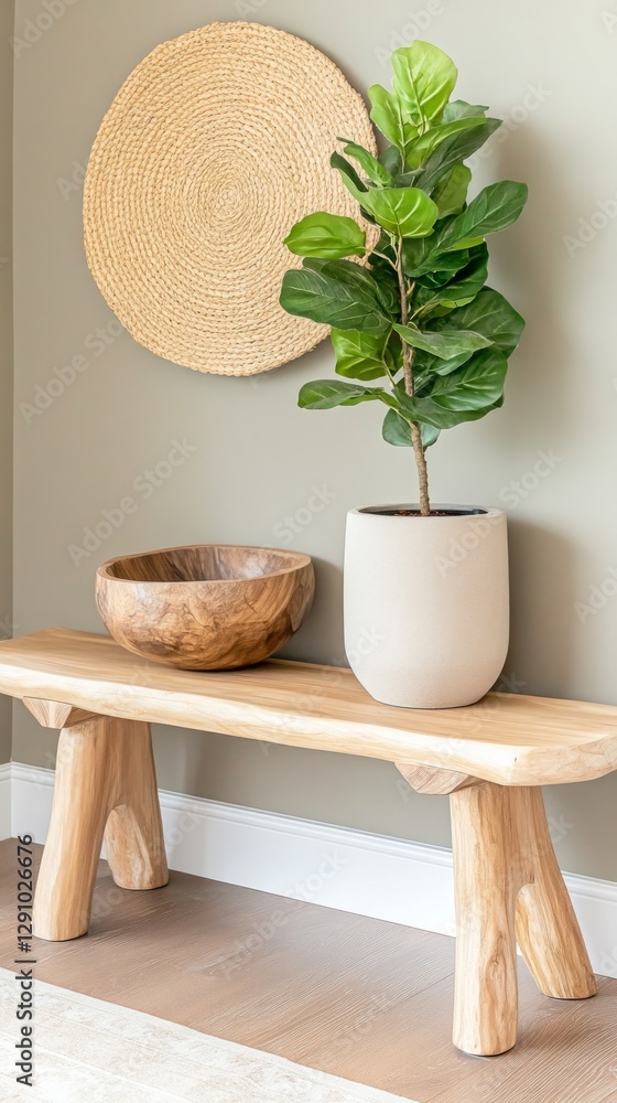 A modern entryway features a minimalist wooden bench, a handcrafted bowl, and a potted plant, enhancing the serene atmosphere with natural textures and colors A modern entryway features a minimalist wooden bench, a handcrafted bowl, and a potted plant, enhancing the serene atmosphere with natural textures and colors