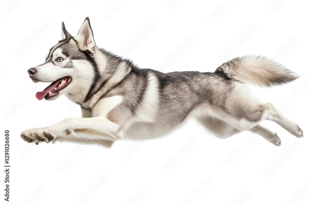 Siberian husky leaps joyfully in mid-air against a plain background in a playful moment showcasing athleticism,cut out Siberian husky leaps joyfully in mid-air against a plain background in a playful moment showcasing athleticism,cut out