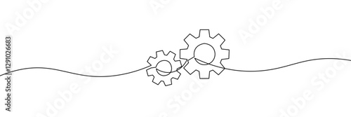 Simple continuous line drawing of two interlocking gears in a minimalist style. One line icon. Continuous line two interlocking gears icon. Vector illustration.