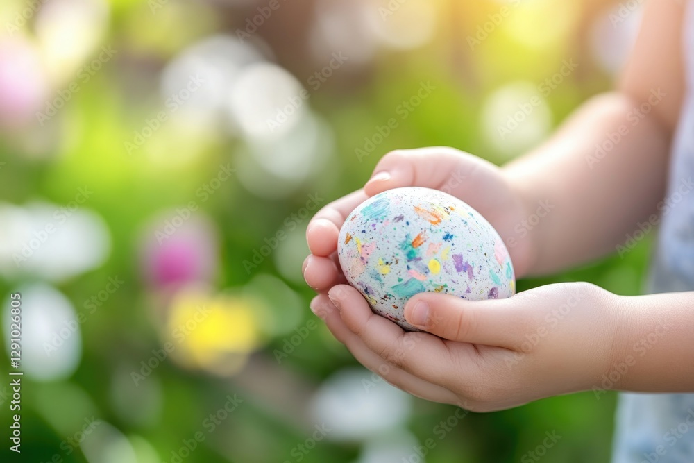 Child holding pastel easter egg in spring garden setting Child holding pastel easter egg in spring garden setting