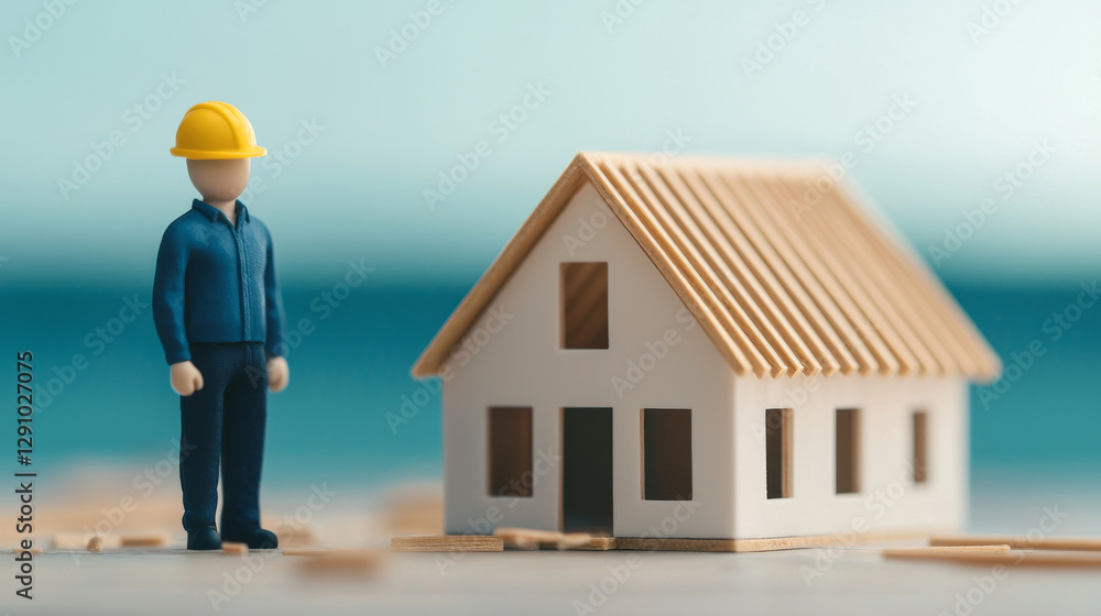 Building model with construction worker figurine and house Building model with construction worker figurine and house
