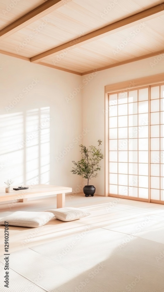 Fototapeta premium Soft textures and calming colors create a tranquil atmosphere in this Japandi space, highlighting natural materials and a seamless connection to nature