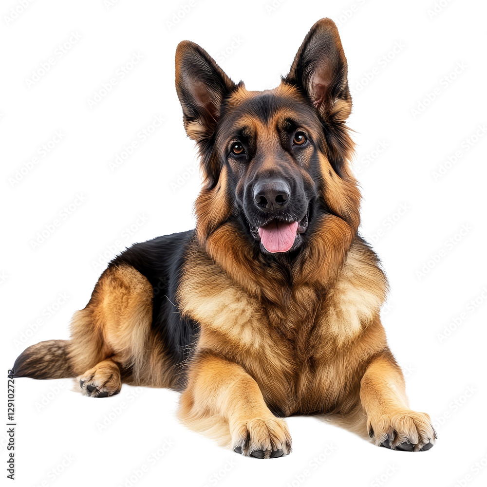 A beautiful German Shepherd dog lies comfortably, exuding a playful spirit, Captivating German Shepherd Dog Isolated on a transparent background A beautiful German Shepherd dog lies comfortably, exuding a playful spirit, Captivating German Shepherd Dog Isolated on a transparent background