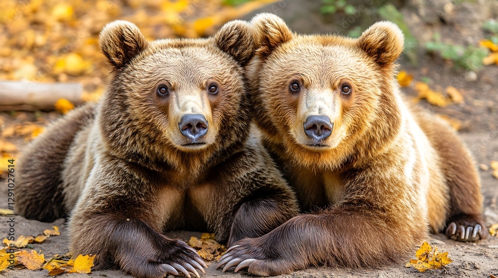 Obraz premium Two brown bears in autumn leaves