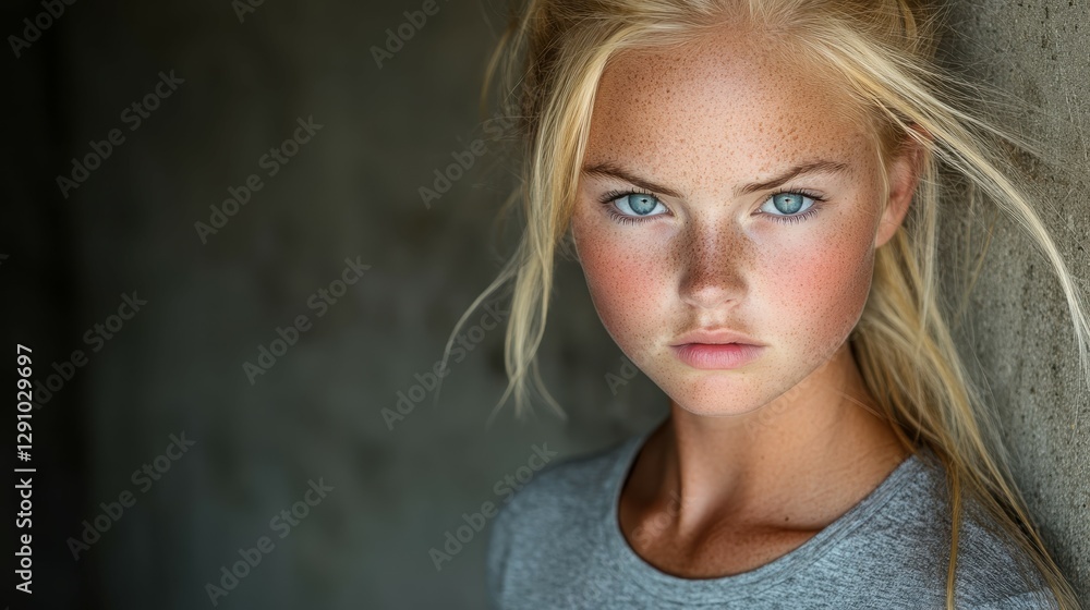 Naklejka premium A young woman with blonde hair and prominent freckles stares directly into the camera. She stands in a dimly lit space, with soft natural light highlighting her features