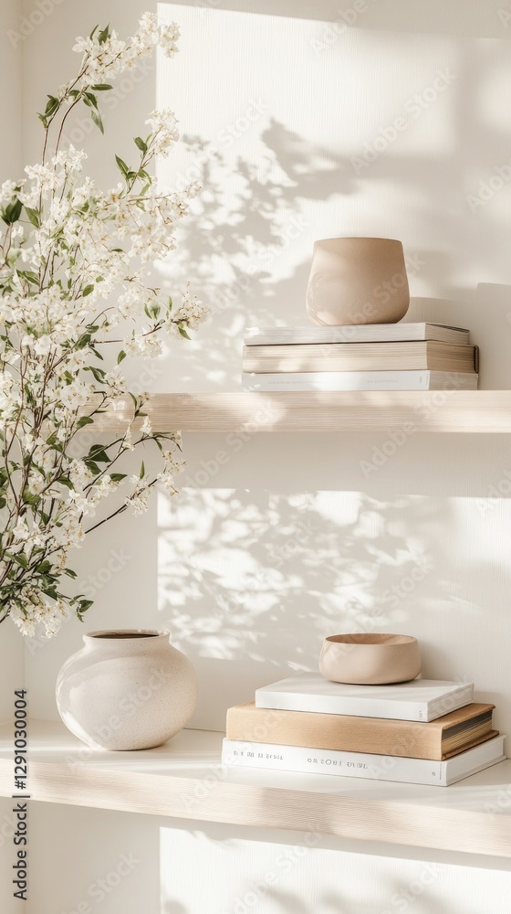 Soft afternoon light highlights a carefully curated arrangement of ceramic vases and stacked books on minimalist wooden shelves, creating a calming atmosphere Soft afternoon light highlights a carefully curated arrangement of ceramic vases and stacked books on minimalist wooden shelves, creating a calming atmosphere