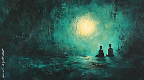 Two figures meditate in dark teal cave