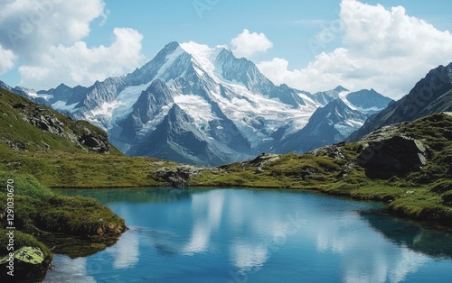 Snow-capped mountains with a pristine alpine lake in the foreground