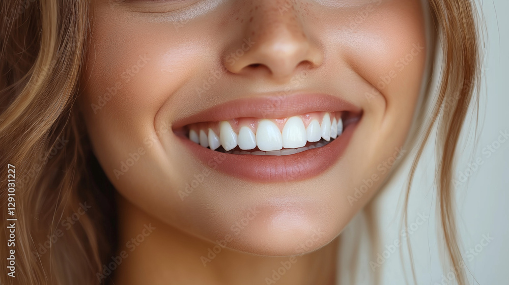 Obraz premium Radiant Smile: A close-up view of a beautiful woman's bright smile, showing her perfect teeth and happy expression.