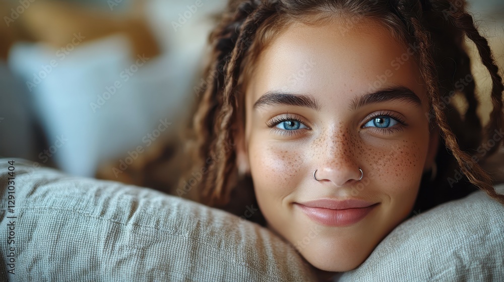 A cheerful young woman with blue eyes and dreadlocks rests her head on a plush pillow. Sunlight brightens the cozy room, highlighting her joyful expression and freckled skin
