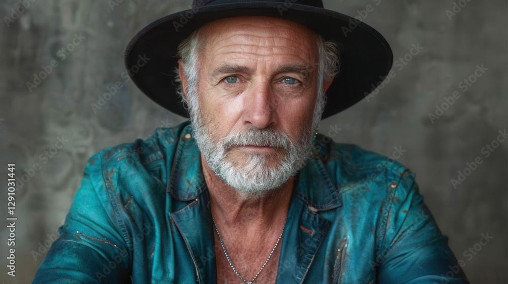 A mature man with a gray beard is looking directly at the viewer. He wears a blue shirt and a black hat, set against a soft, neutral background that highlights his features A mature man with a gray beard is looking directly at the viewer. He wears a blue shirt and a black hat, set against a soft, neutral background that highlights his features