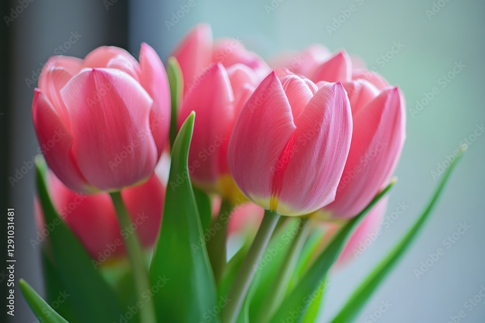 Naklejka premium Fresh pink tulips arranged in a glass vase, perfect for spring decor or gifts