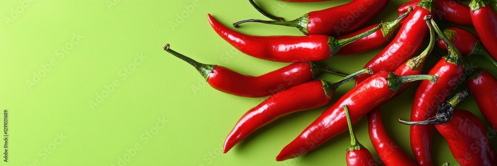 Spicy Red Pimiento Peppers with Fiery Sauce on Bright Green Background Spicy Red Pimiento Peppers with Fiery Sauce on Bright Green Background