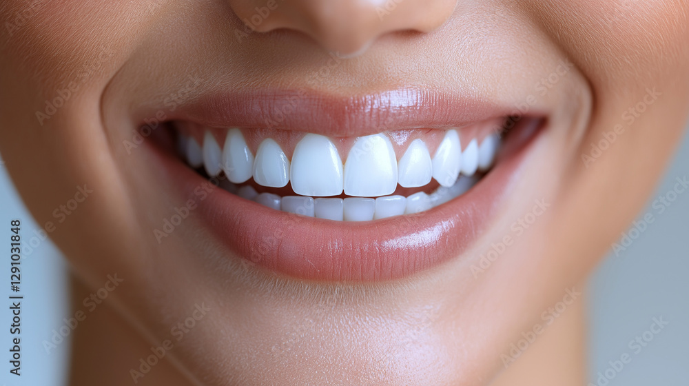Obraz premium Radiant Smile: A close-up of a woman's beaming smile reveals perfect, healthy teeth and lips.