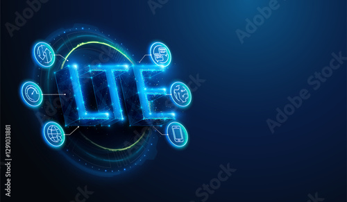 Low Poly LTE Wireless Mobile Network Connection with Lineart Icons. Abstract geometric illustration depicting communication technology 3D lettering concept by wireframe mesh on blue background