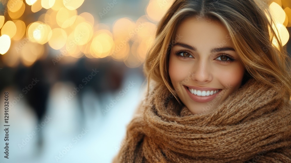 A young woman with a warm smile is wrapped in a cozy scarf, surrounded by soft, glowing lights in a winter setting. Joy and warmth radiate from her expression A young woman with a warm smile is wrapped in a cozy scarf, surrounded by soft, glowing lights in a winter setting. Joy and warmth radiate from her expression