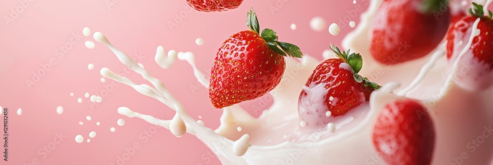 Strawberry milk flying with splashes on Blush Pink Background Strawberry milk flying with splashes on Blush Pink Background