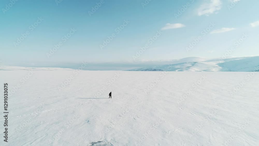 A tourist walks across a vast snow-covered plain, leaving a trail of footprints behind. Distant mountains rise under a clear blue sky. The untouched snow stretches endlessly in every direction. A tourist walks across a vast snow-covered plain, leaving a trail of footprints behind. Distant mountains rise under a clear blue sky. The untouched snow stretches endlessly in every direction.