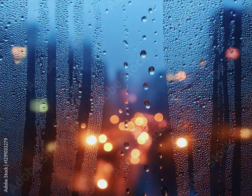 Rain Drops on Glass Window with Cityscape and Blurred Street Lights, Moody Atmosphere background texture wallpaper
