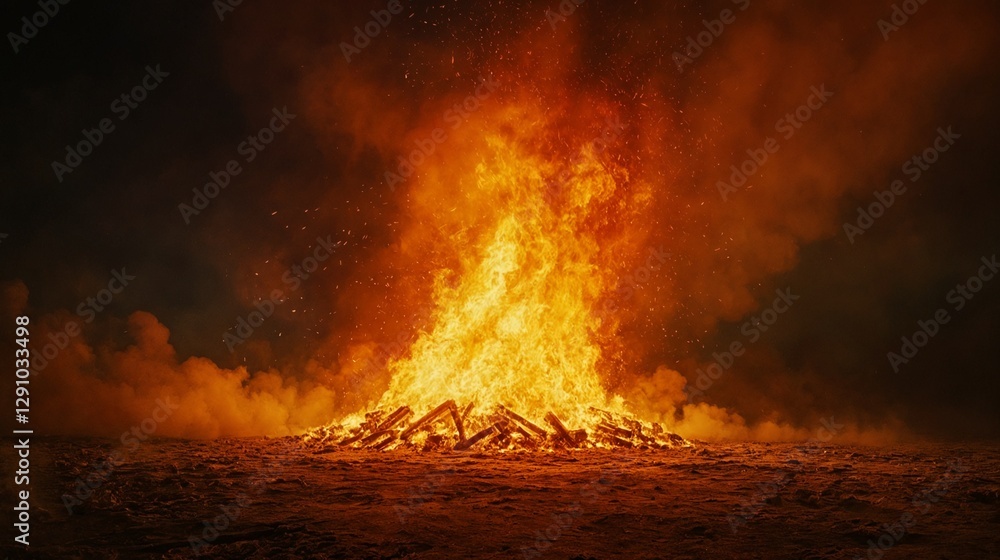 La escena muestra una gran hoguera iluminando la oscuridad, creando un ambiente cálido y enigmático. La escena muestra una gran hoguera iluminando la oscuridad, creando un ambiente cálido y enigmático.