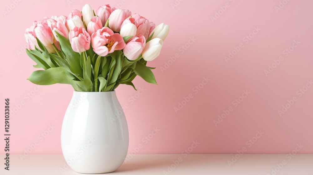 Soft minimalist display of a single white vase filled with pink and white tulips on a pastel pink background Soft minimalist display of a single white vase filled with pink and white tulips on a pastel pink background