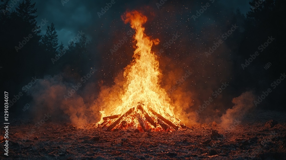 Una fogata ardiente ilumina la noche, creando un ambiente acogedor y misterioso entre sombras y árboles. Una fogata ardiente ilumina la noche, creando un ambiente acogedor y misterioso entre sombras y árboles.