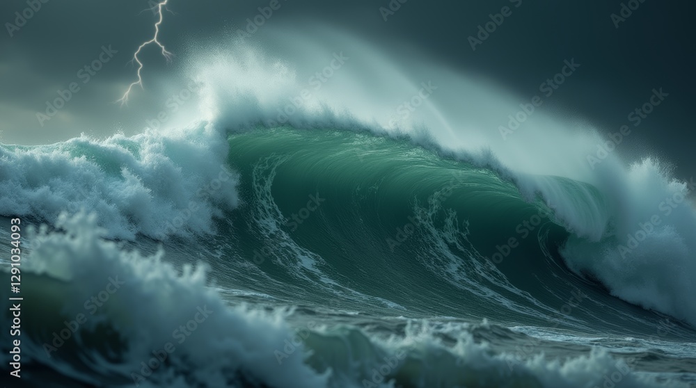 Giant Tsunami Wave with Dark Stormy Sky and Clouds with Lightning and Thunderstorm, Great earthquake. Effect of climate change. Weather and dangerous natural environmental disaster concept Giant Tsunami Wave with Dark Stormy Sky and Clouds with Lightning and Thunderstorm, Great earthquake. Effect of climate change. Weather and dangerous natural environmental disaster concept
