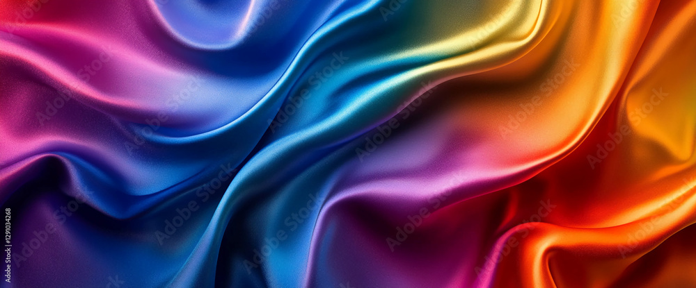 A smooth, colorful satin fabric with vibrant gradient hues of red, orange, yellow, and blue, symbolizing luxury, elegance, and dynamic energy with flowing, silky textures A smooth, colorful satin fabric with vibrant gradient hues of red, orange, yellow, and blue, symbolizing luxury, elegance, and dynamic energy with flowing, silky textures