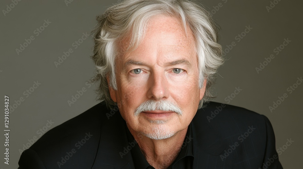 A mature man with silver hair and facial hair poses confidently against a neutral gray background. He exudes calm and wisdom in this professional studio setting A mature man with silver hair and facial hair poses confidently against a neutral gray background. He exudes calm and wisdom in this professional studio setting