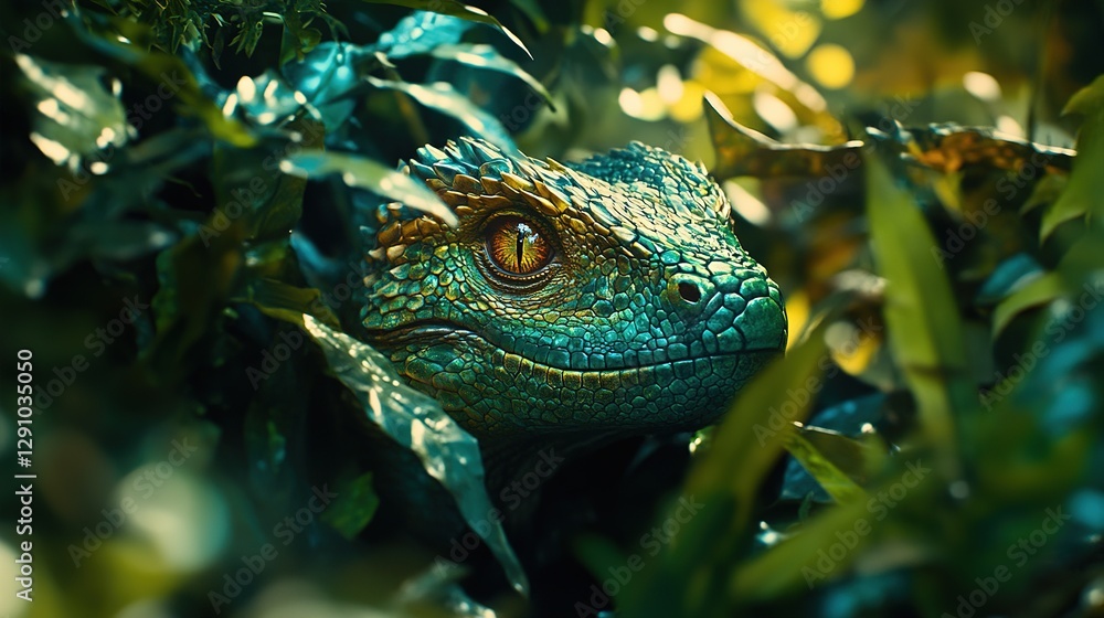 A Juvenile Dragon Hides Among Lush Green Foliage A Juvenile Dragon Hides Among Lush Green Foliage