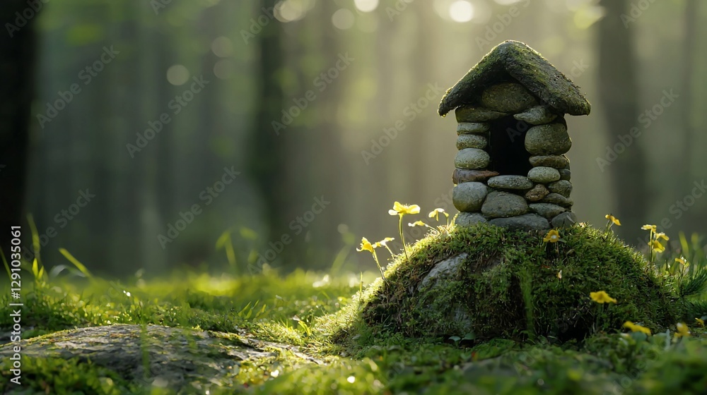 Miniature stone house in mossy forest clearing. Miniature stone house in mossy forest clearing.