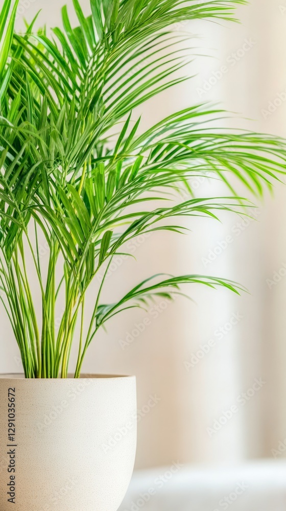 Lush green palm plant in a stylish pot adds a refreshing touch to a contemporary interior design, brightening up the atmosphere in a cozy room Lush green palm plant in a stylish pot adds a refreshing touch to a contemporary interior design, brightening up the atmosphere in a cozy room