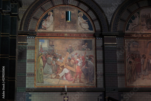 Amsterdam Sint-Nicolaaskerk Church Interior Wall Detail with Painting Depicting The Third Station of the Cross, Netherlands. photo