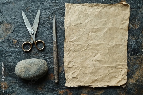 La escena muestra tijeras, un lápiz y papel arrugado sobre una superficie rocosa. photo