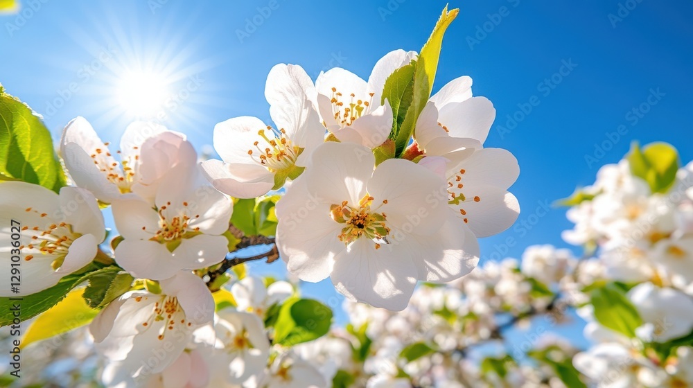 Obraz premium Blooming spring orchard showcasing soft golden sunlight and vibrant white blossoms