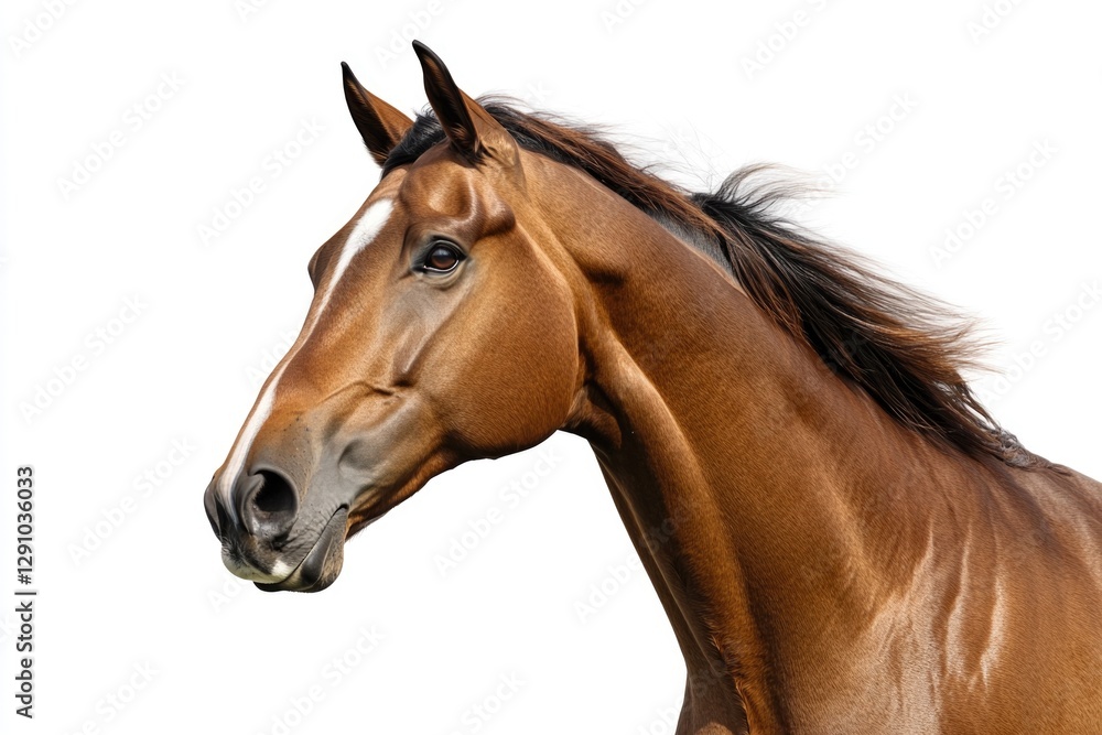 A close-up shot of a brown horse's face against a white background A close-up shot of a brown horse's face against a white background